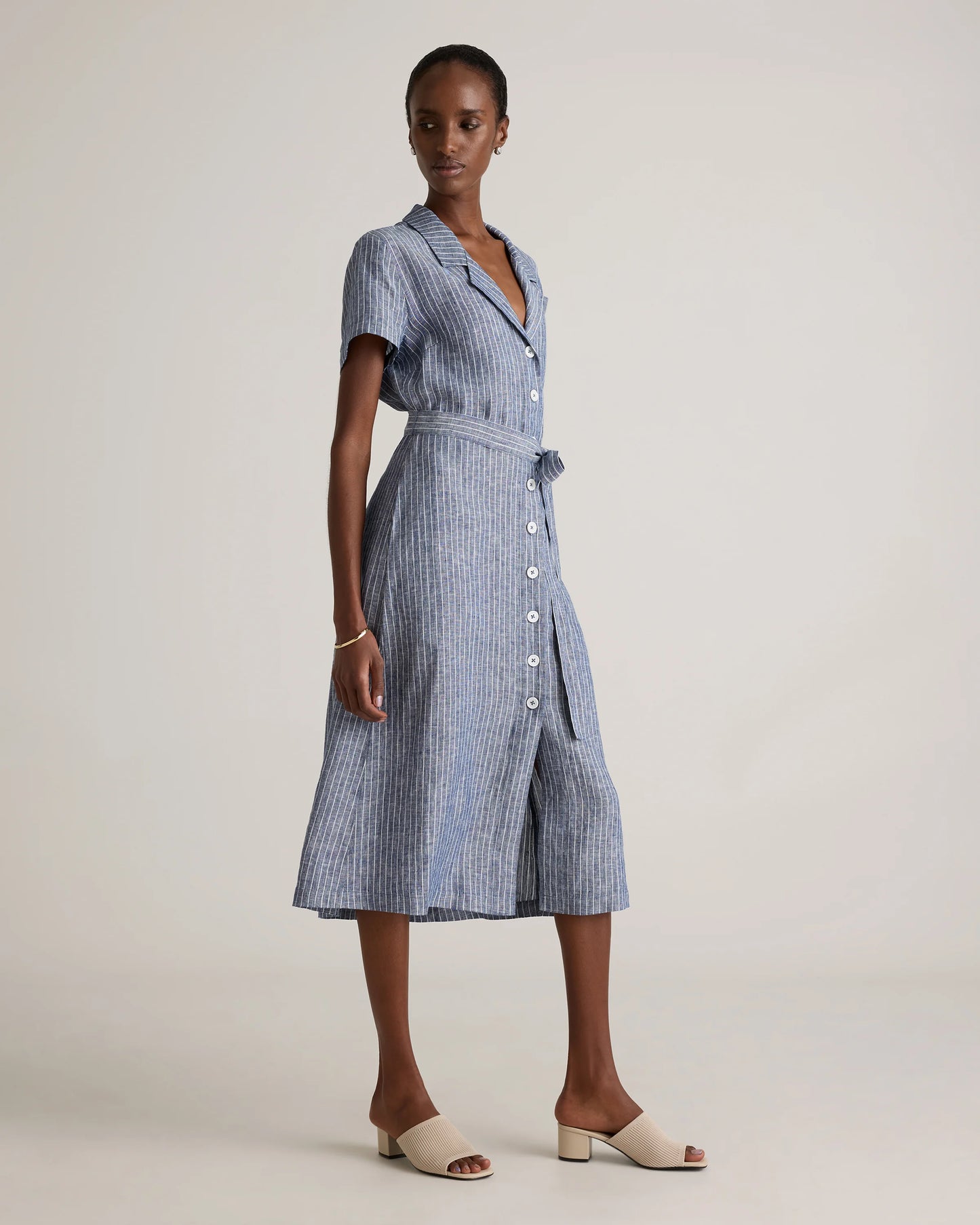 100% European Linen Button Front Dress - XS / Sky Blue Mariner Stripe