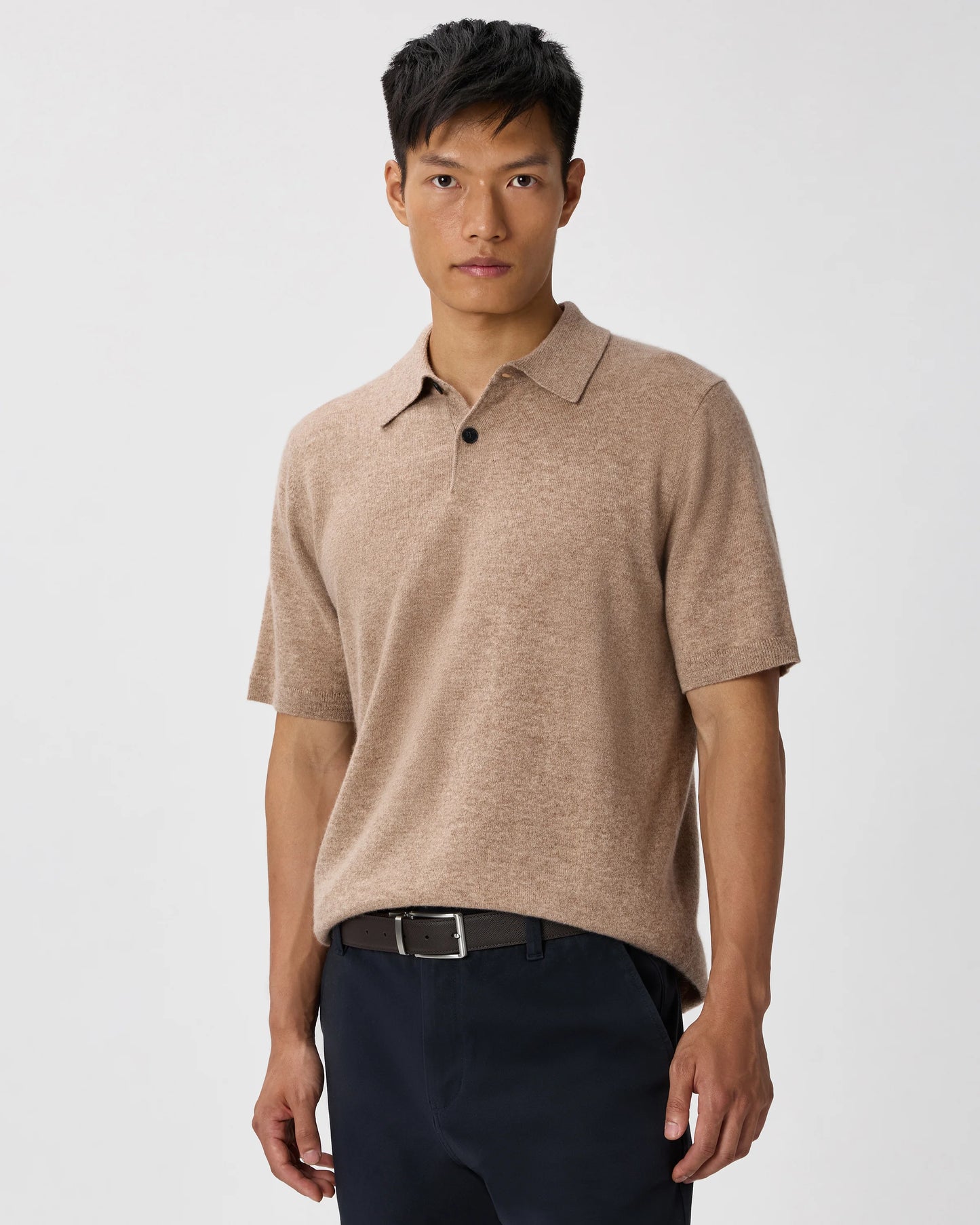 100% Mongolian Cashmere Short Sleeve Polo Sweater - S / Heather Storm Blue