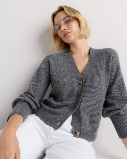 Lightweight Baby Alpaca Cropped V-Neck Cardigan - XS / Smoked Charcoal