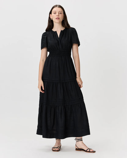 100% European Linen Tiered Maxi Dress - XS / Deep Navy