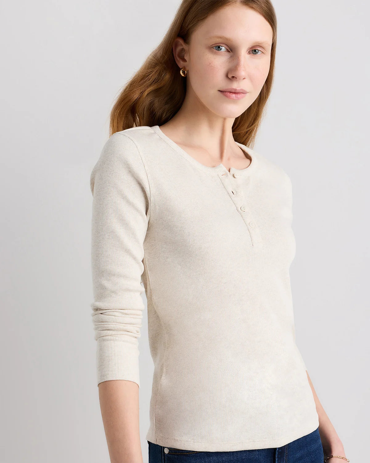 Organic Cotton Micro-Rib Henley Long Sleeve Tee - XS / Heather Oatmeal