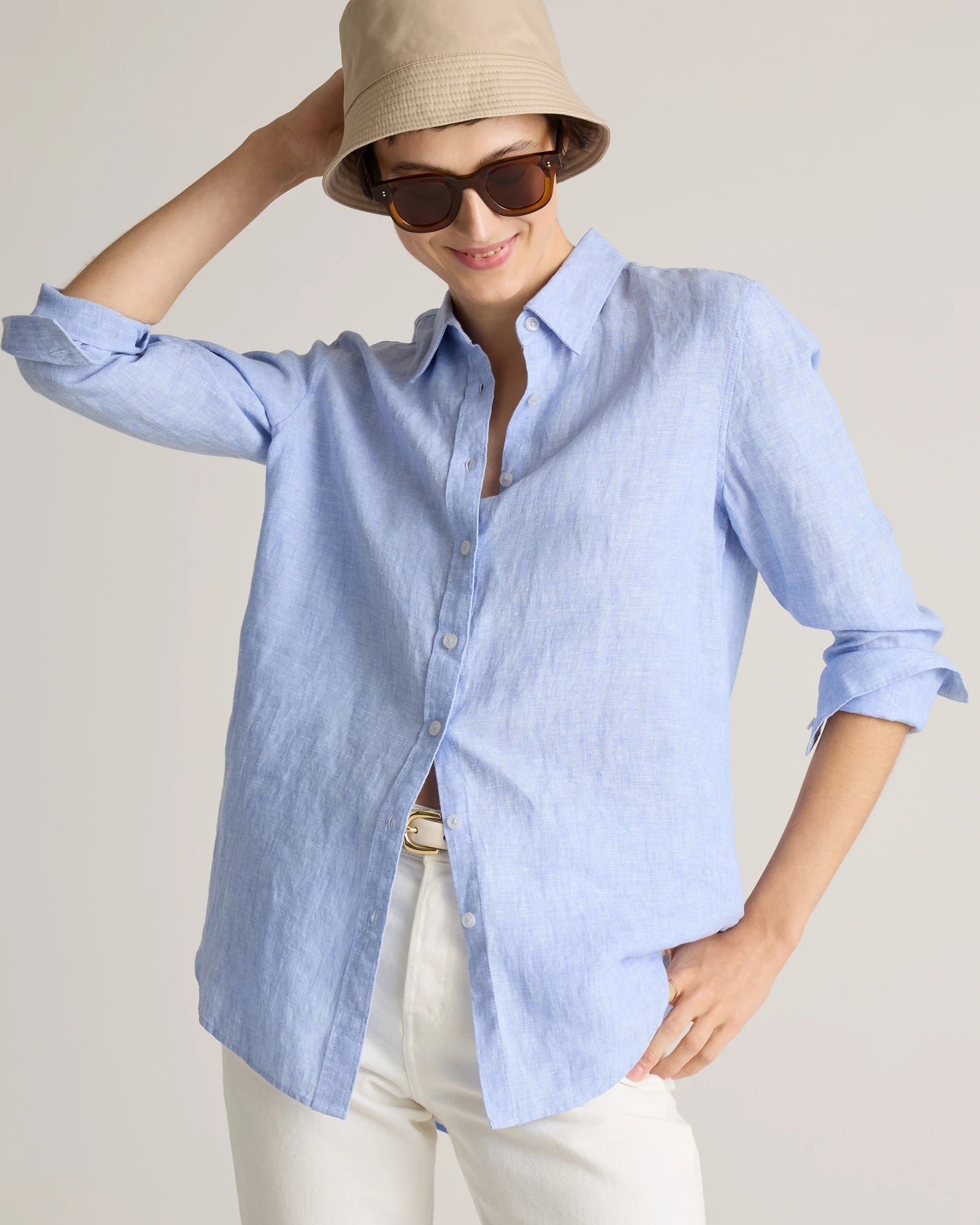 100% European Linen Long Sleeve Shirt - XS / Blue Pinstripe