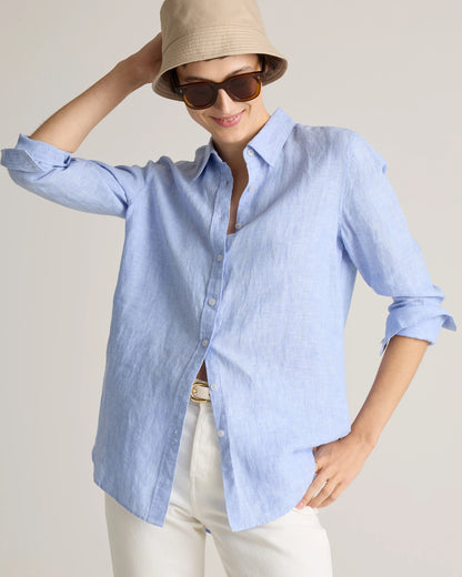 100% European Linen Long Sleeve Shirt - XS / Blue Pinstripe