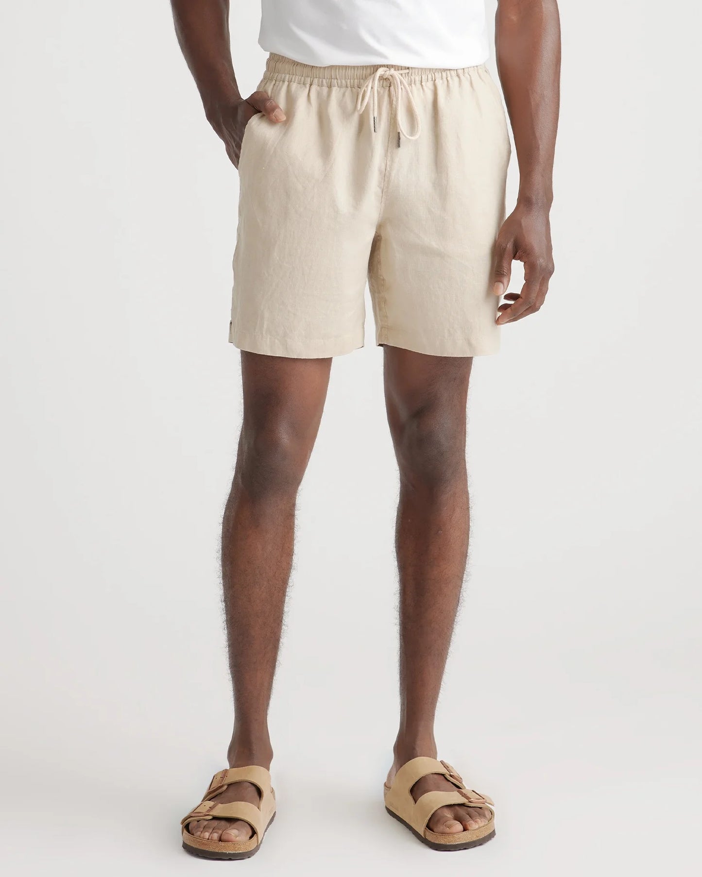 100% European Linen Drawstring Beach Shorts - 7" - XS / Taupe Brown Chambray
