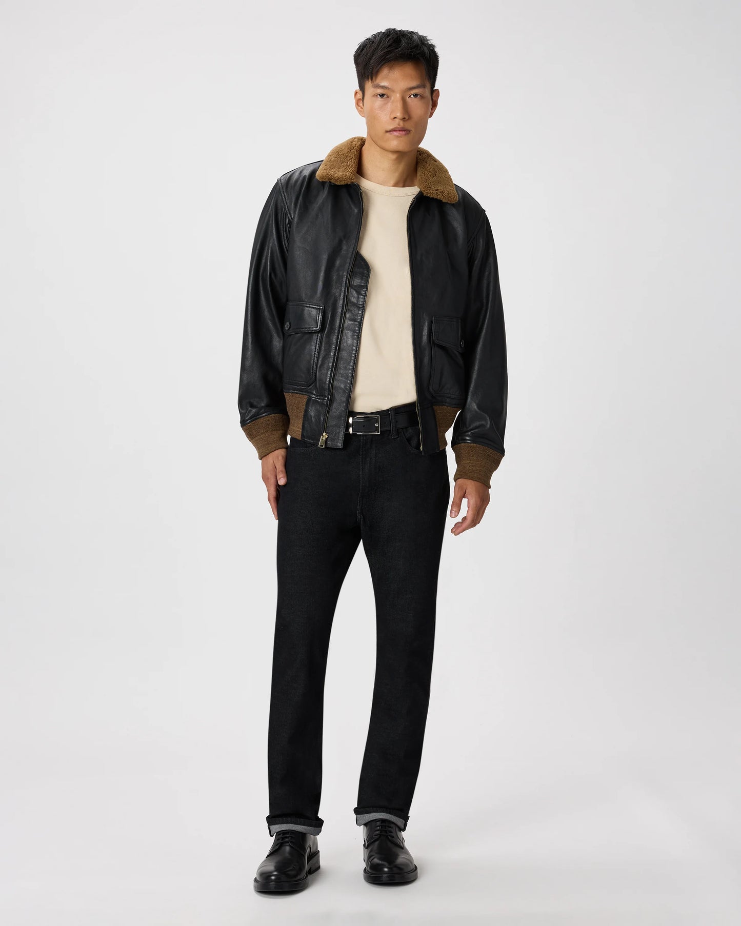 Shearling Collar Leather Flight Jacket - S / True Black