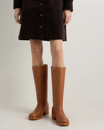Italian Leather Block Heel Boot - 5 / Chestnut