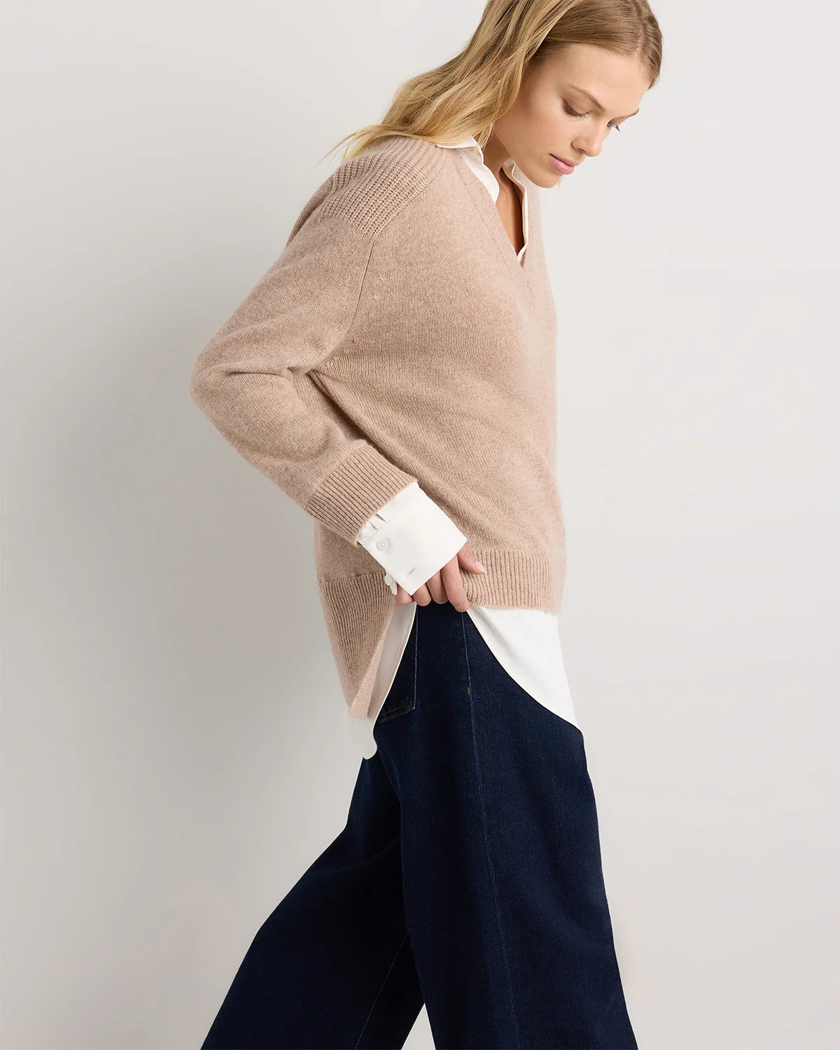 100% Mongolian Cashmere Layered V-Neck Sweater - XS / Ivory