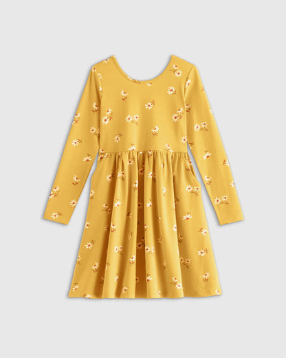 Organic Cotton Long Sleeve Skater Dress - 6 / Red Poppy Garden
