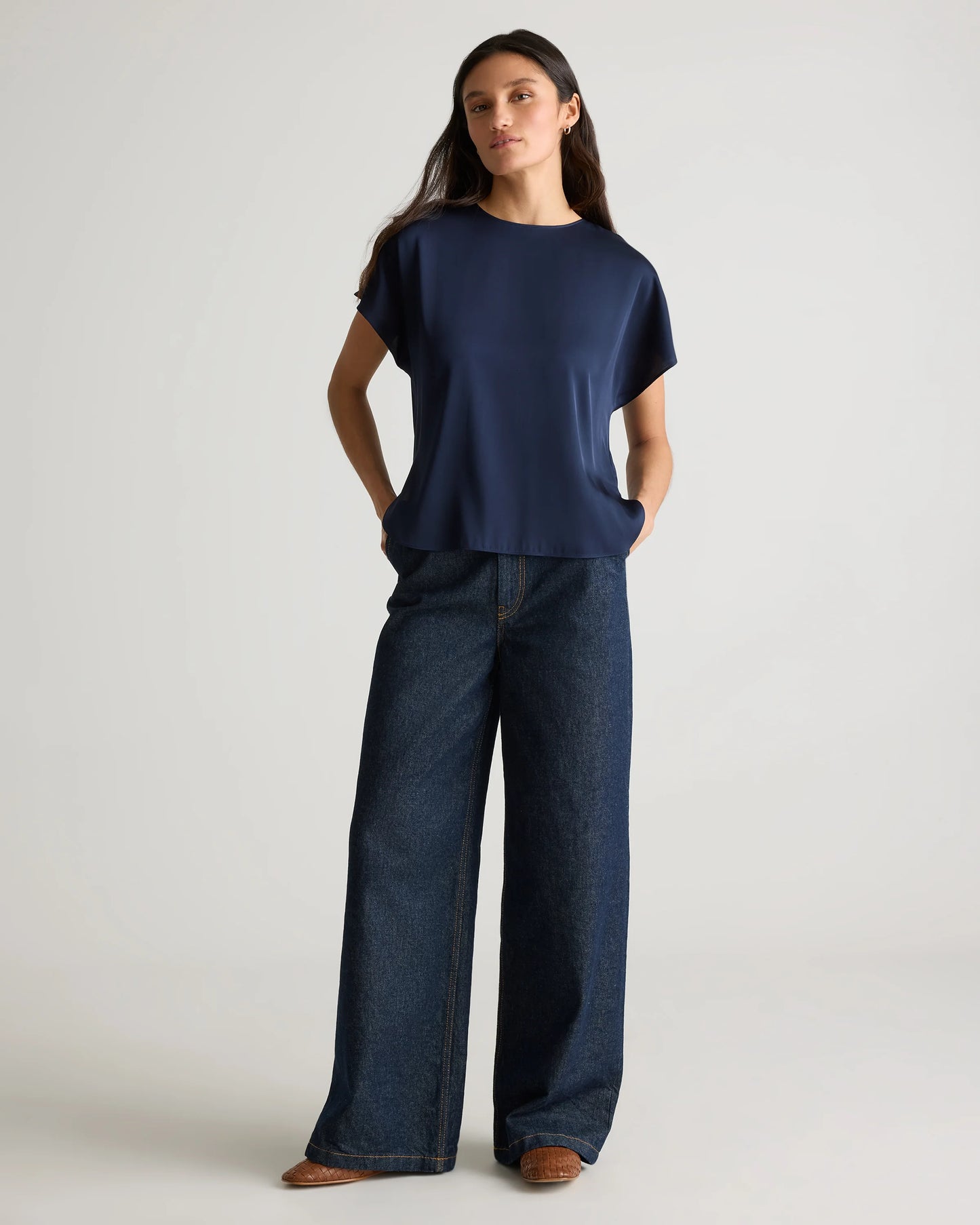 Washable Stretch Silk Split Hem Tee - XS / Ivory