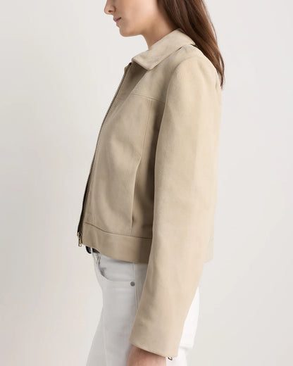 100% Suede Cropped Zip-Front Jacket - XS / Light Sand Beige