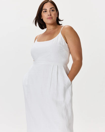 100% European Linen Scoop Neck Midi Dress - 1X / Deep Navy