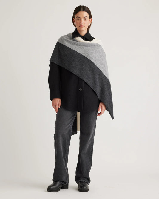 Mongolian Cashmere Colorblock Wrap - One Size / Charcoal/Heather Grey/Ivory