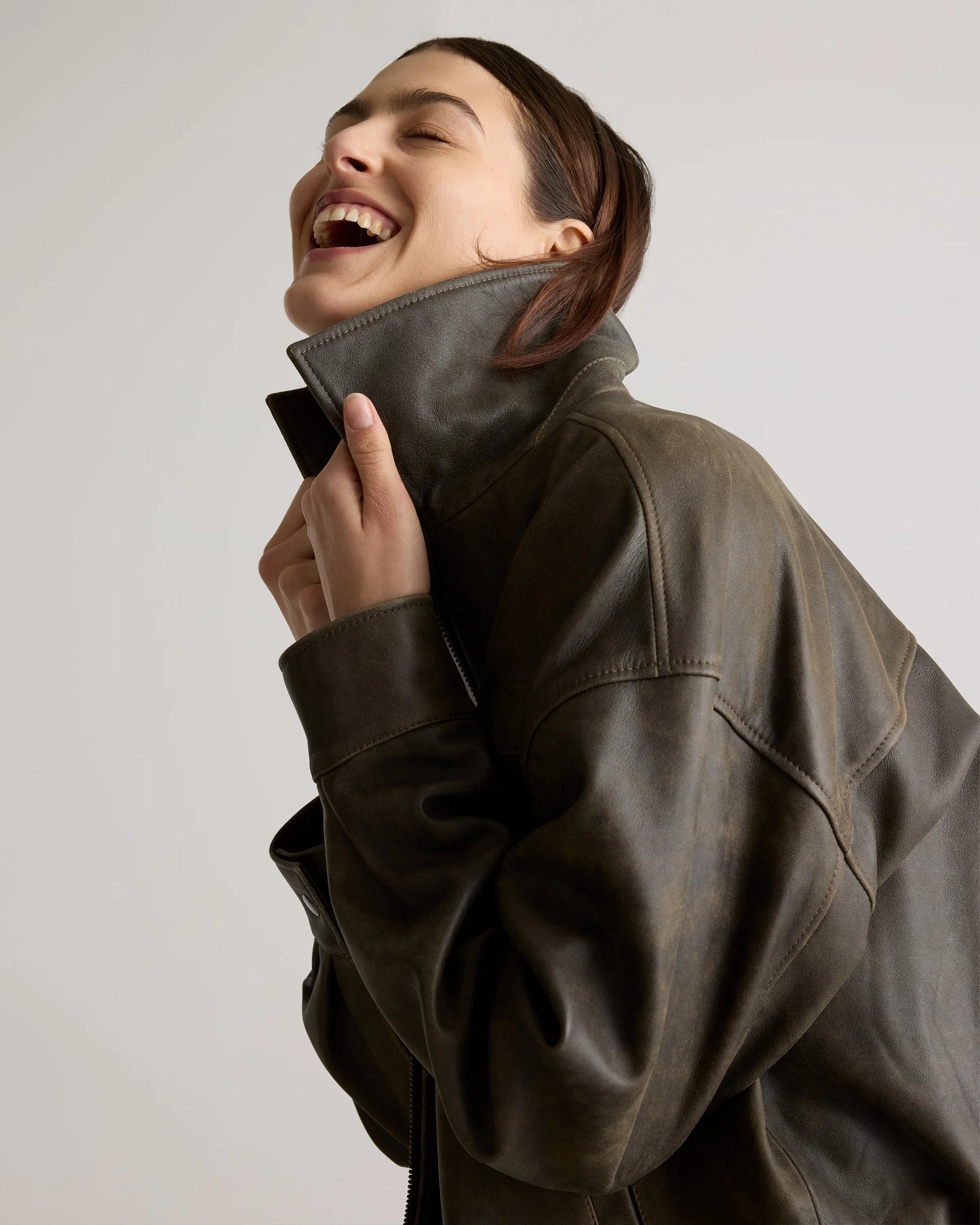 100% Leather Oversized Bomber Jacket - XS / Rich Brown