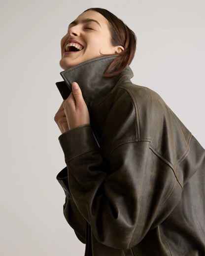 100% Leather Oversized Bomber Jacket - XS / Rich Brown
