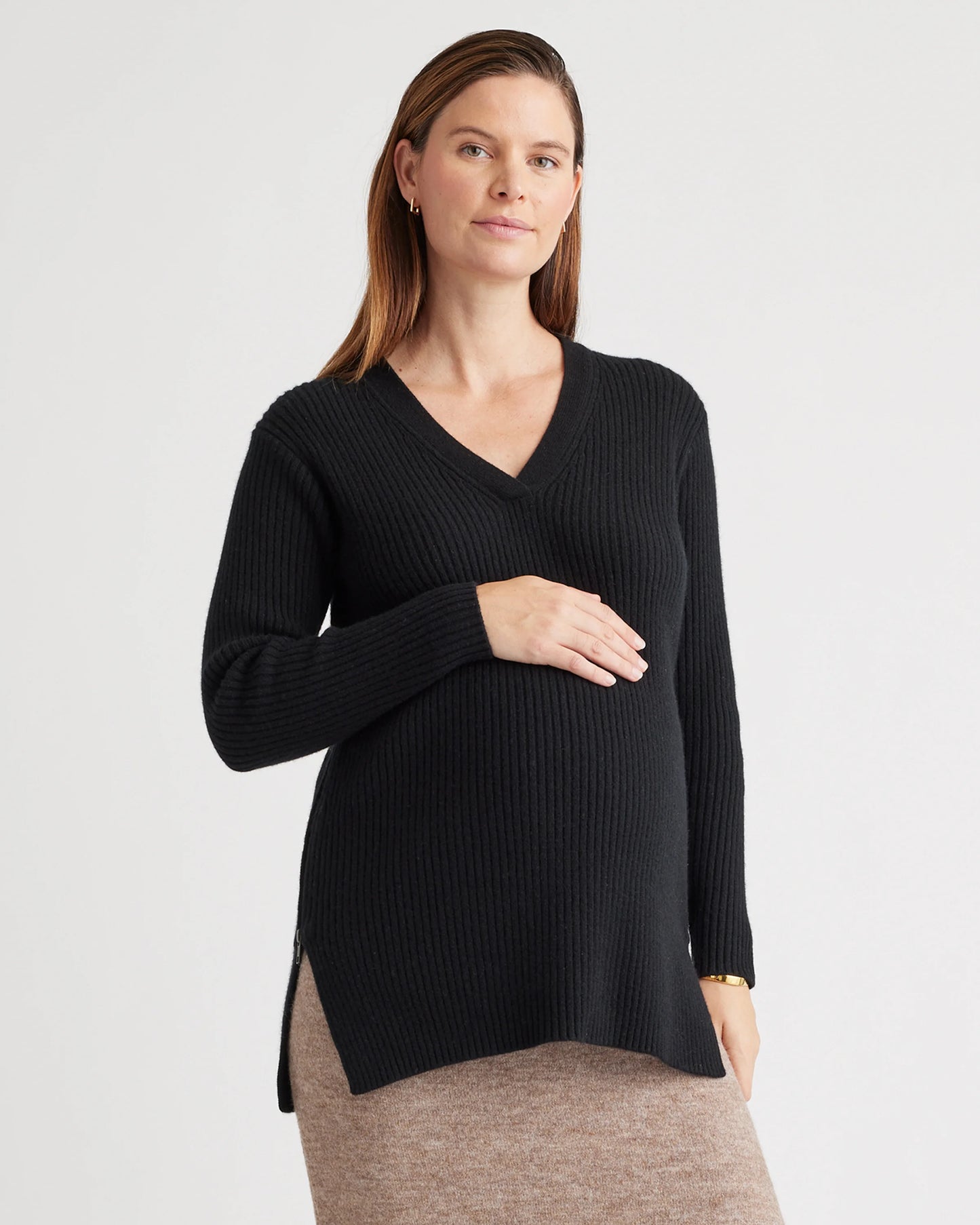 Mongolian Cashmere Ribbed Side Zip Maternity Sweater - XS / Heather Vintage Pink