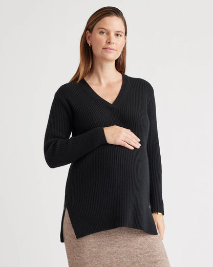 Mongolian Cashmere Ribbed Side Zip Maternity Sweater - XS / Heather Vintage Pink