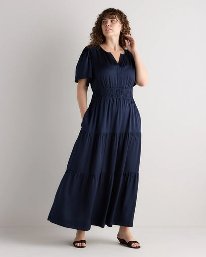Washable Stretch Silk Tiered Maxi Dress - 1X / Navy