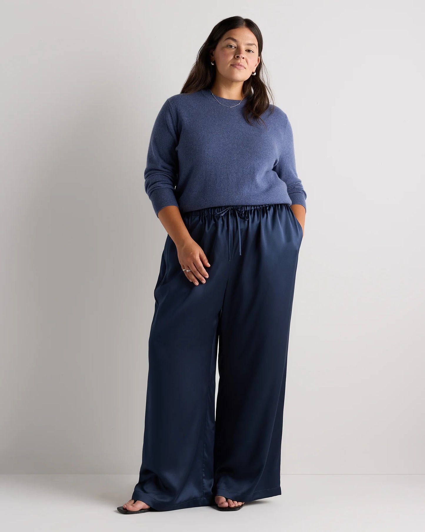 100% Washable Silk Drawstring Wide Leg Pants - 1X / Black