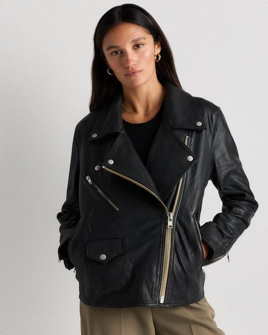 100% Leather Oversized Biker Jacket - XS / True Black