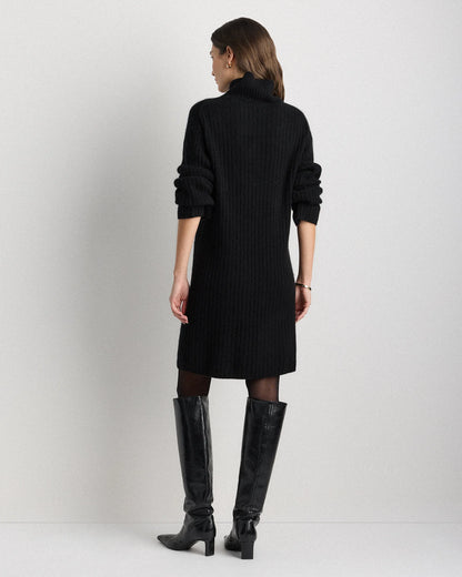 Mongolian Cashmere Ribbed Turtleneck Mini Dress - XS / Black