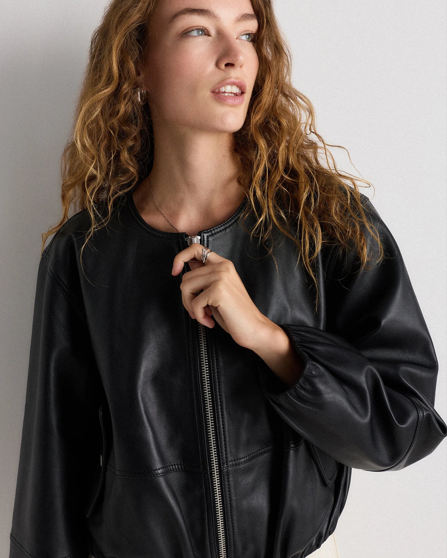 100% Leather Collarless Cropped Bubble Hem Jacket - XS / True Black