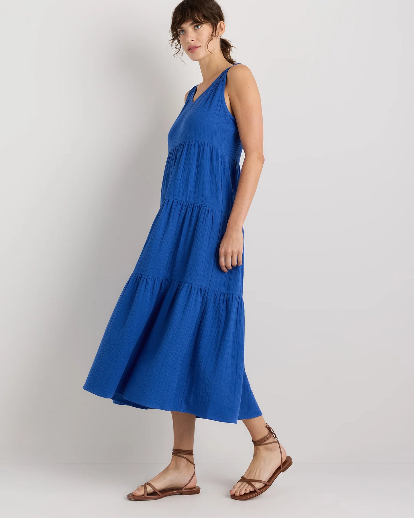 100% Organic Cotton Gauze Tiered Maxi Dress - XS / Indigo Blue