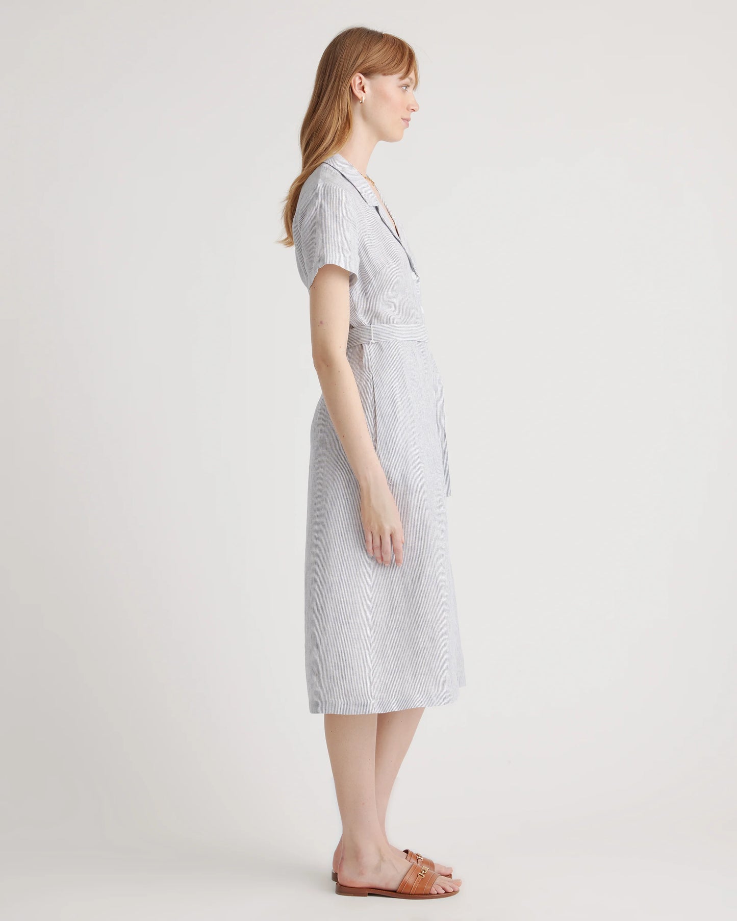 100% European Linen Button Front Dress - XS / Sky Blue Mariner Stripe