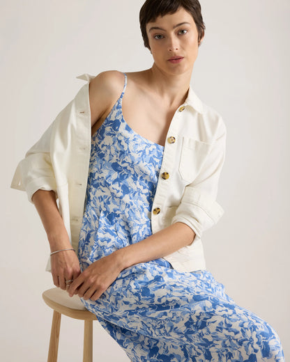 100% European Linen Scoop Neck Midi Dress - XS / Ivory Porcelain Blue Petite Floral