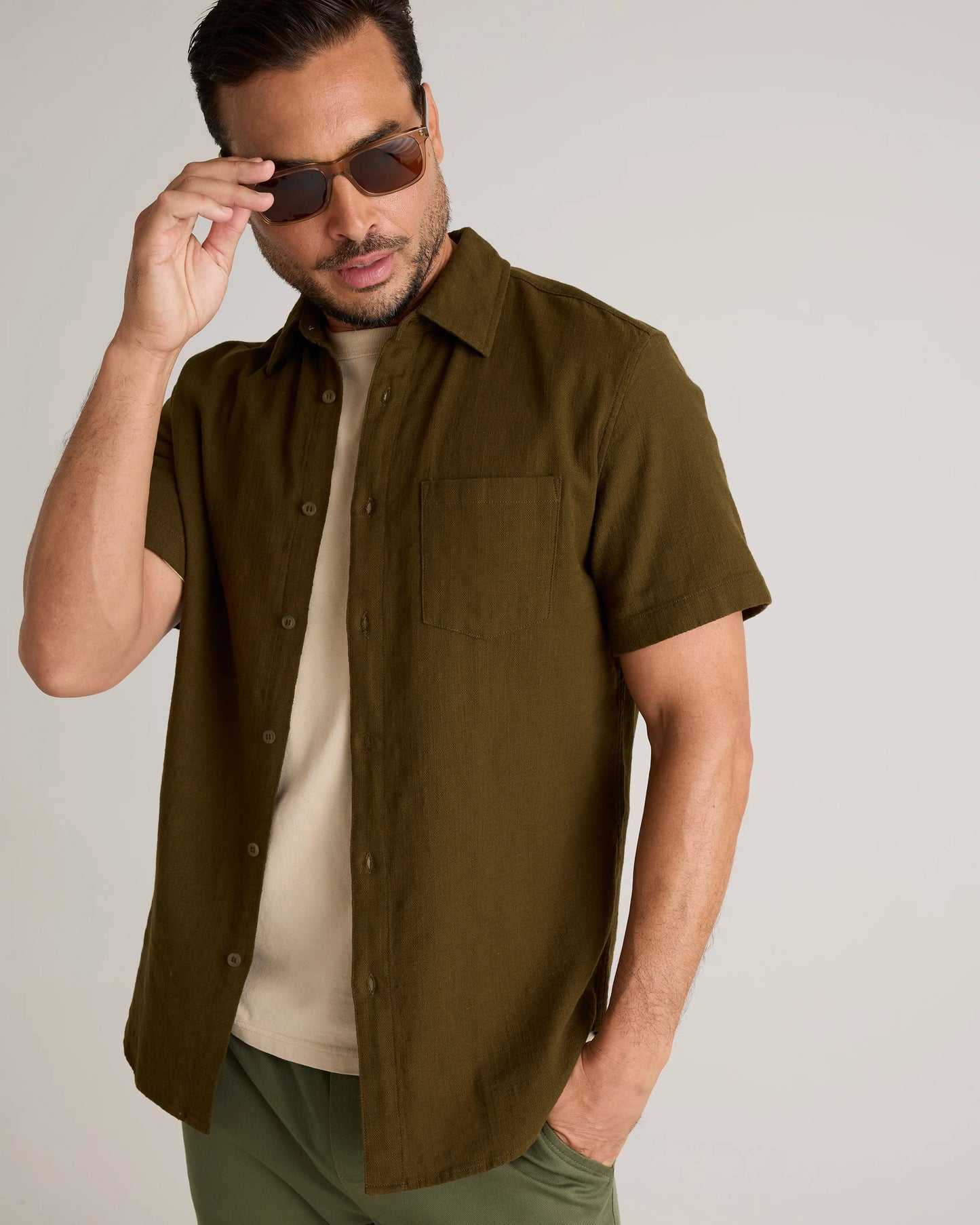 Organic Cotton Stretch Selvage Short Sleeve Shirt - S / Olive