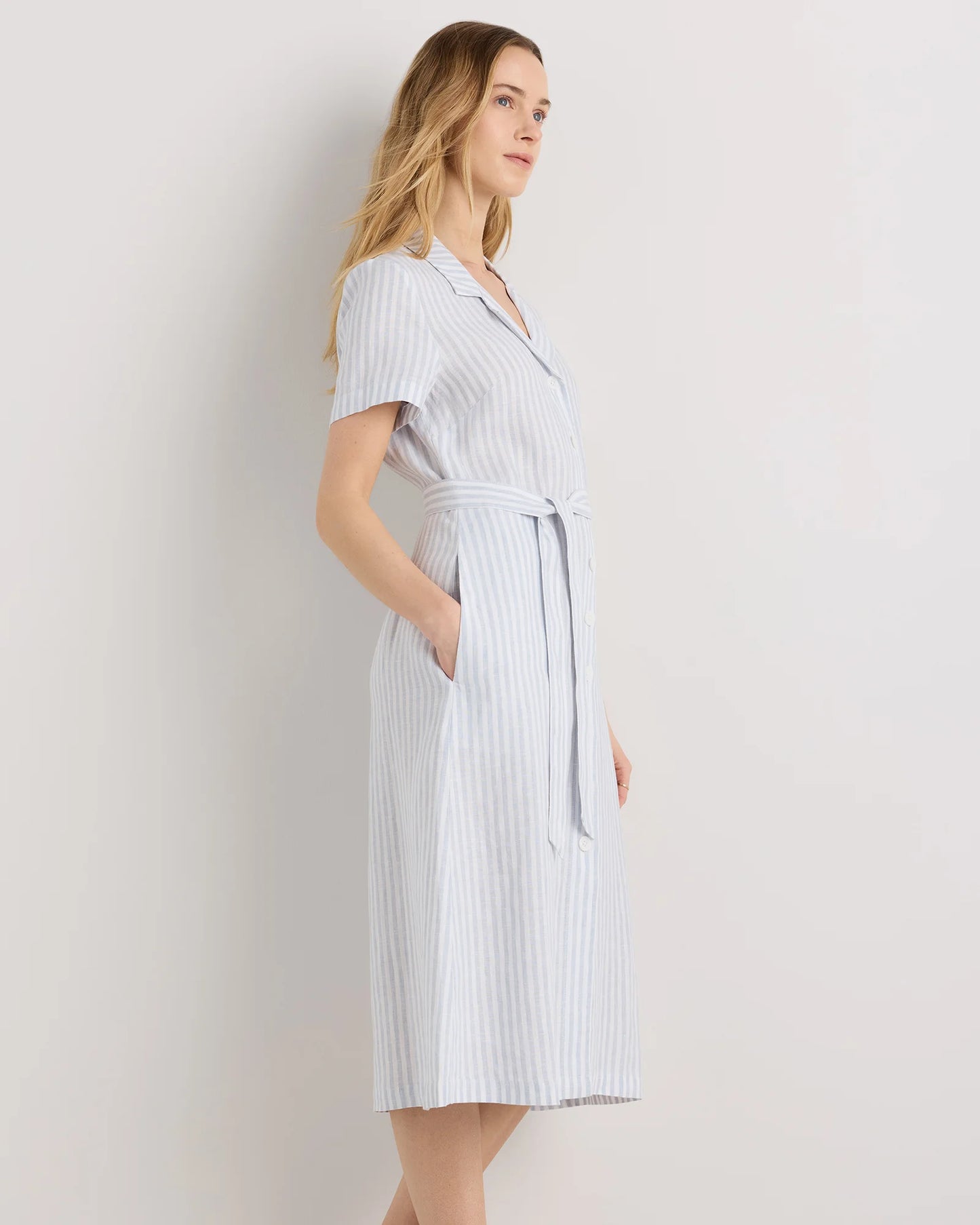 100% European Linen Button Front Dress - XS / Sky Blue Mariner Stripe