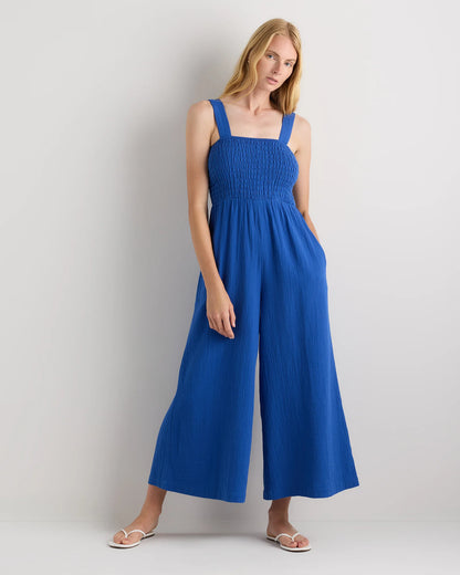 100% Organic Cotton Gauze Smocked Wide Leg Jumpsuit - XS / Spiced Orange