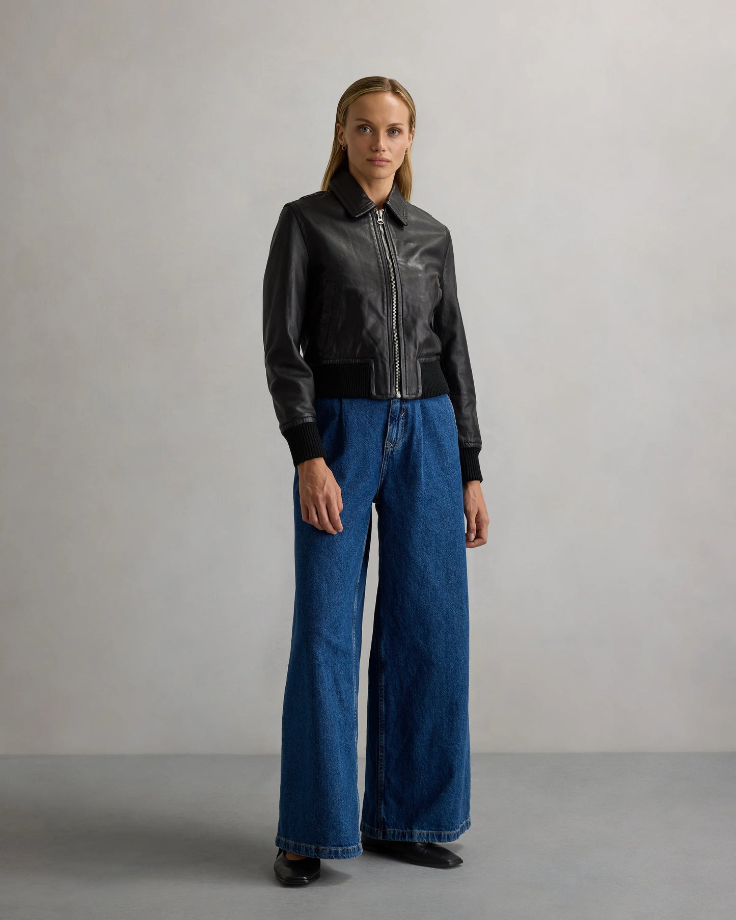 100% Washed Leather Bomber Jacket - XS / Black