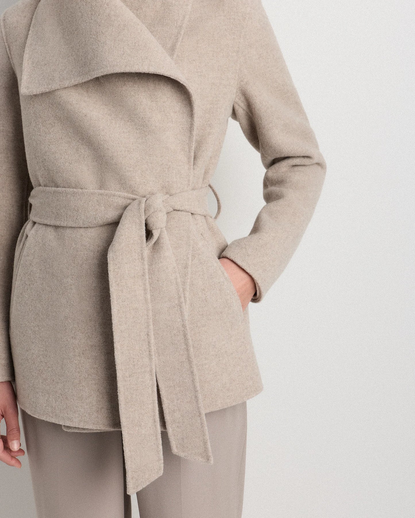 Double-Faced Merino Wool Draped Collar Short Wrap Coat - XS / Cocoa Melange