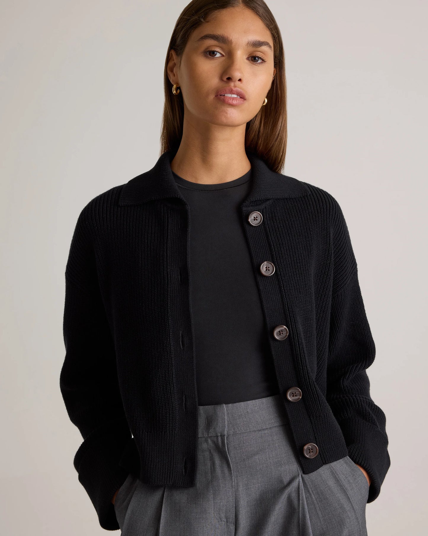 100% Organic Cotton Fisherman Collared Cardigan - XS / Heather Dove Grey