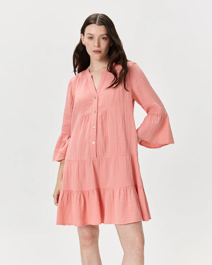 100% Organic Cotton Gauze Long Sleeve Tiered Mini Dress - XS / Amaranth Pink