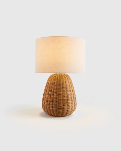 Natural Rattan Table Lamp with Linen Shade - One Size / Light Brown
