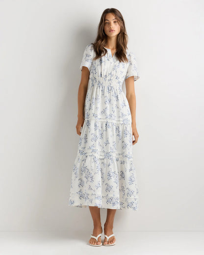 100% European Linen Tiered Maxi Dress - XS / Ivory Porcelain Blue Petite Floral
