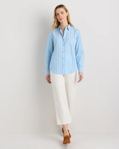 100% Organic Cotton Poplin Long Sleeve Shirt - XS / Delta Blue Double Stripe