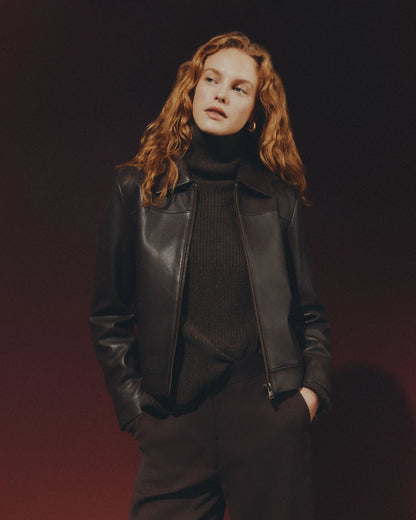 100% Leather Cropped Zip-Front Jacket - XS / True Black
