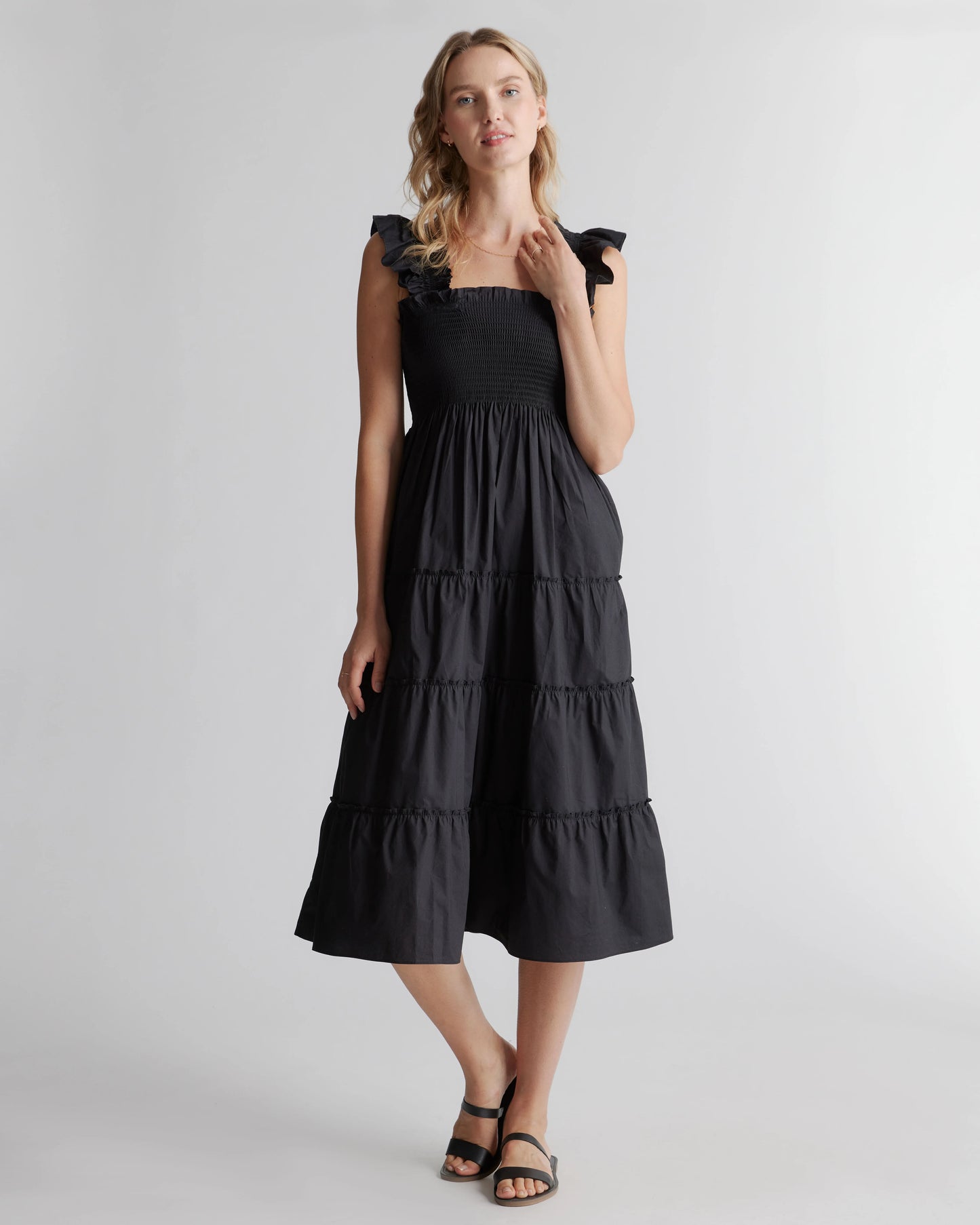 100% Organic Cotton Poplin Smocked Midi Dress - XS / Riviera Blue Heirloom Floral