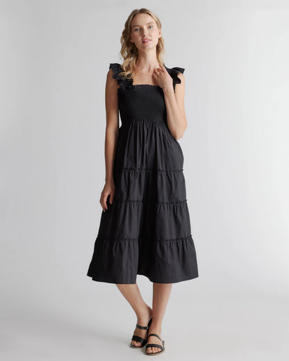100% Organic Cotton Poplin Smocked Midi Dress - XS / Riviera Blue Heirloom Floral