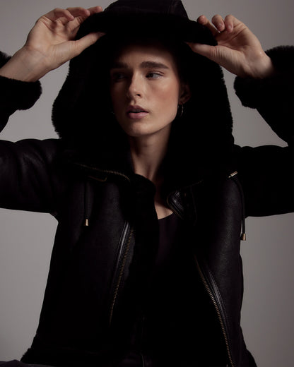 100% Shearling Cold Weather Bomber Jacket - XS / Black