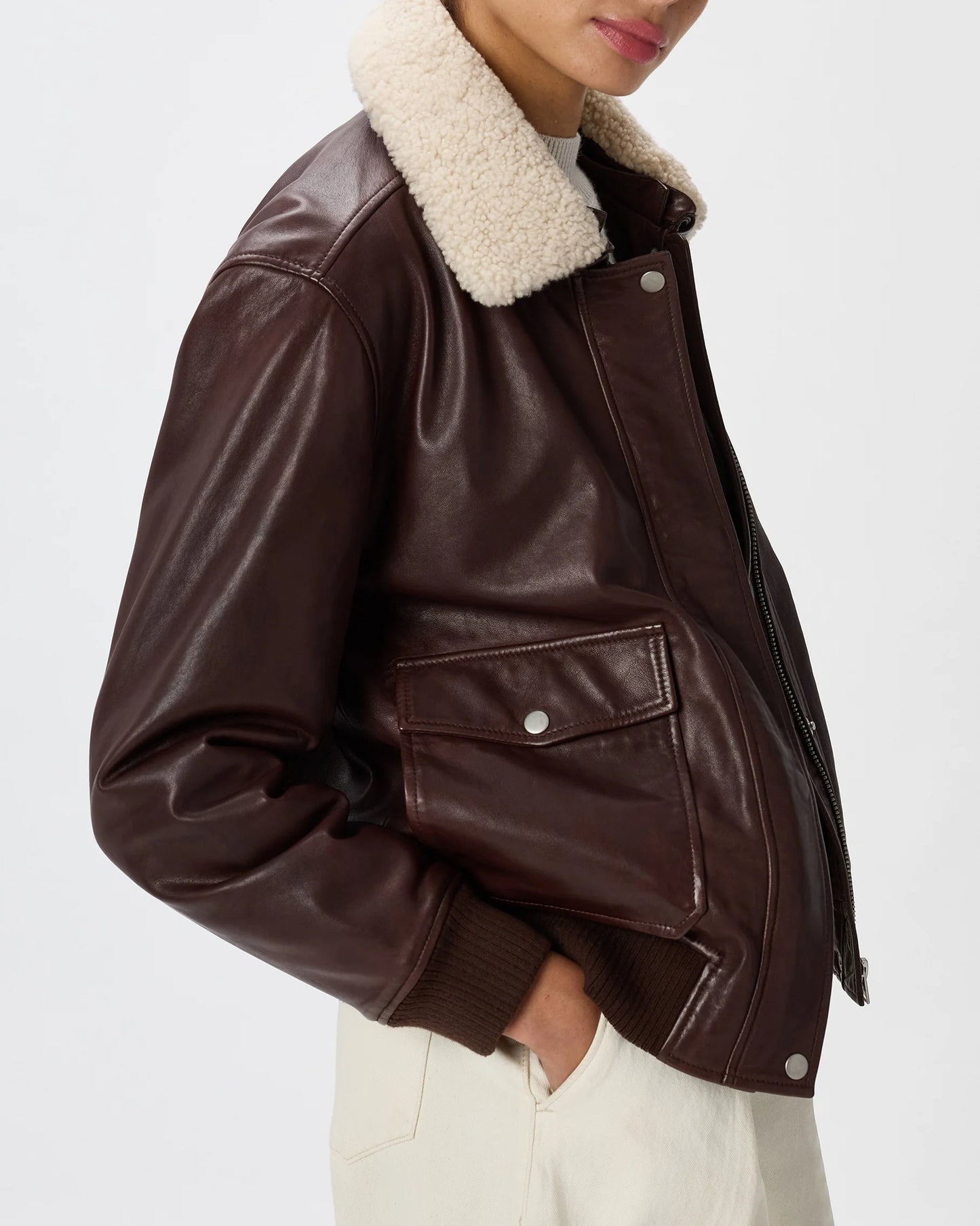 100% Leather Shearling Trim Aviator Jacket - XS / True Black