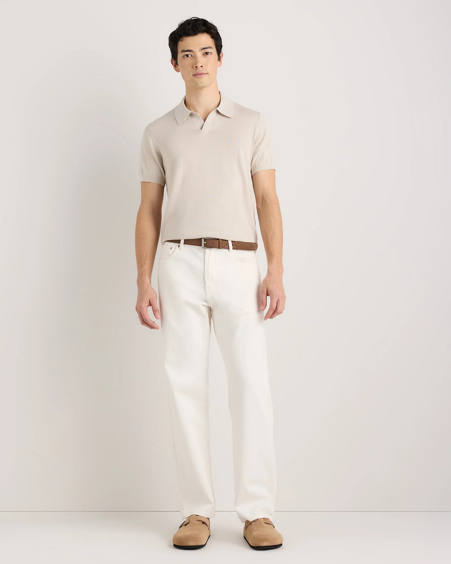 Cotton-Silk Johnny Collar Polo - S / Speckled Beige