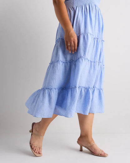 100% European Linen Smocked Midi Dress - 1X / Flax