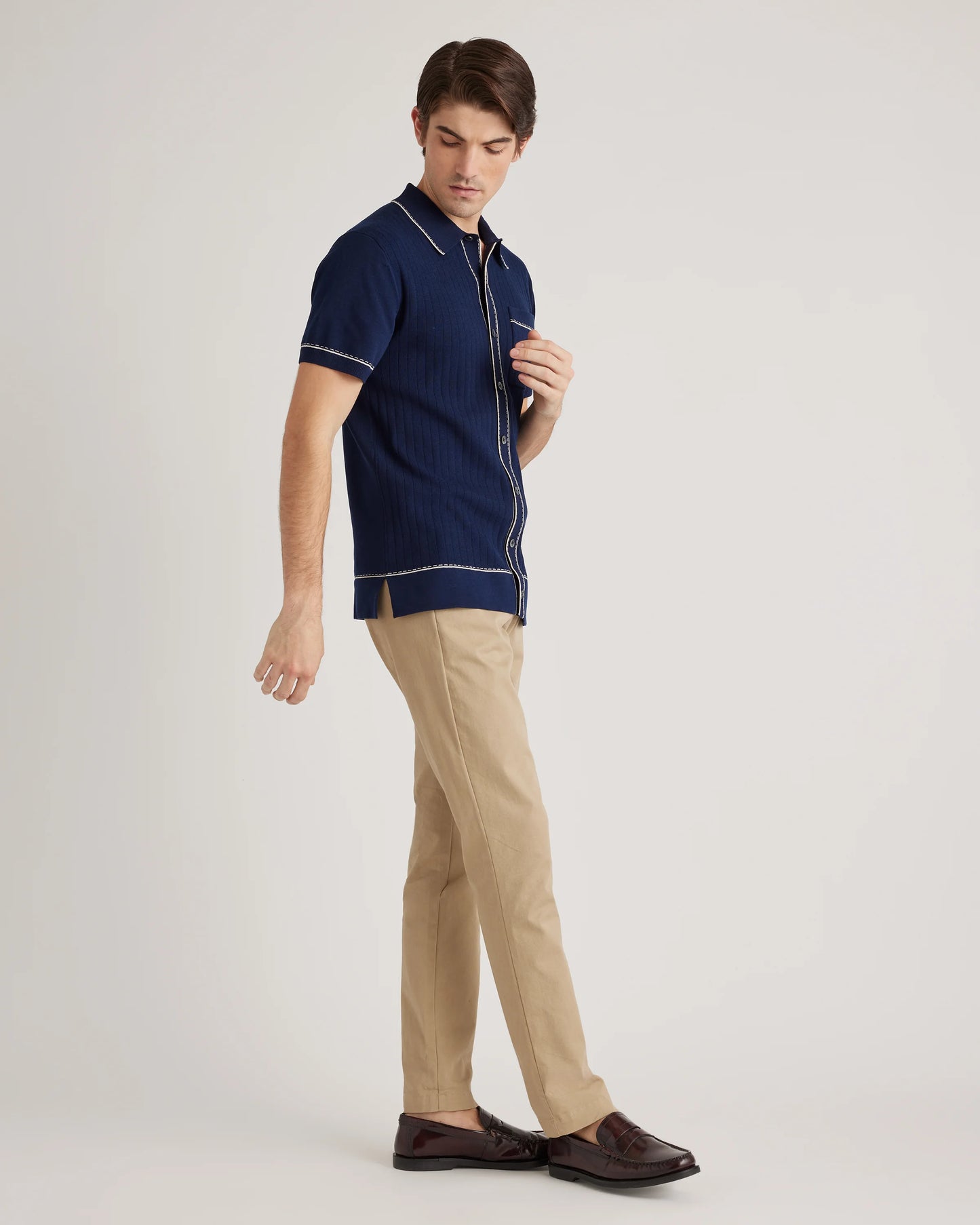 Organic Cotton-Silk Tipped Button Down Polo Sweater - S / Navy/Ivory