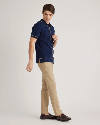 Organic Cotton-Silk Tipped Button Down Polo Sweater - S / Navy/Ivory