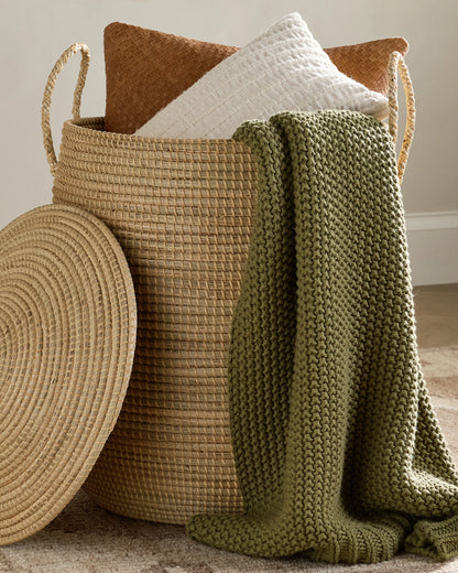Handwoven Seagrass Lidded Storage Baskets (Set of 3) - Set of 3 (S/M/L) / White Wash
