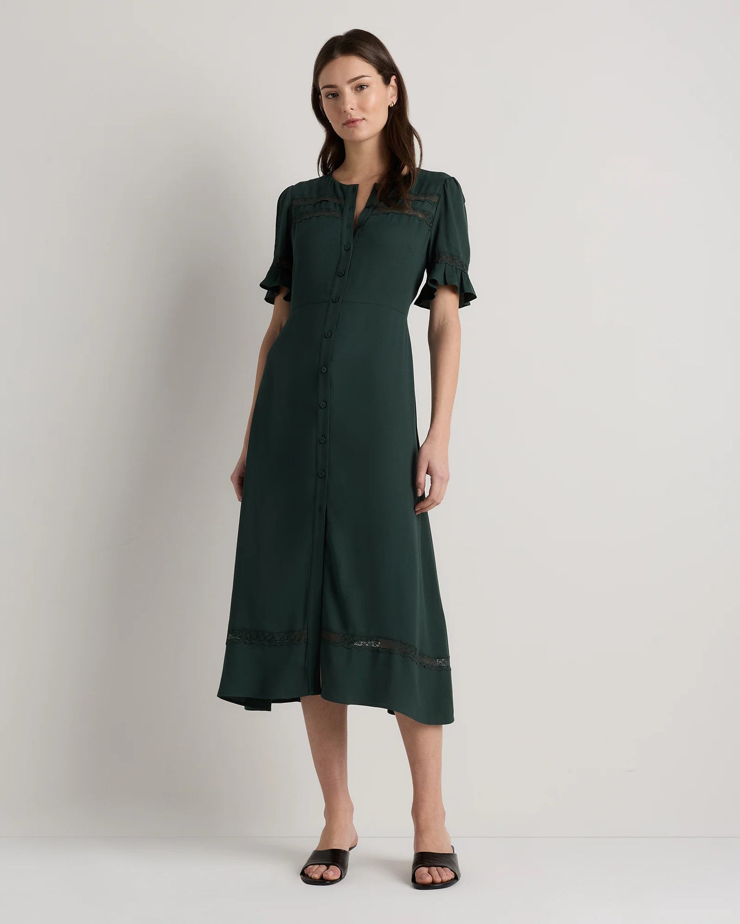 Lightweight Crepe Lace Inset Midi Dress - XS / Moonstone Blue