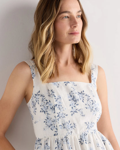 100% European Linen Fit & Flare Midi Dress - XS / Brick Red Heirloom Floral